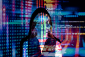 Woman looking at screen showing Algorithms of AI SEO software