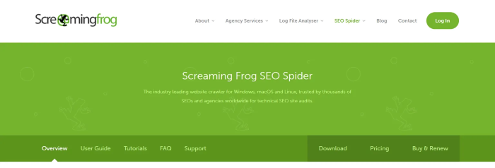 The homepage of Screaming Frog