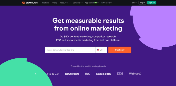 The homepage of Semrush