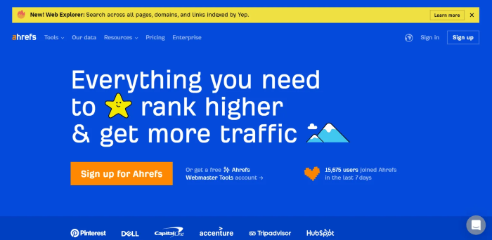 The homepage of Ahrefs