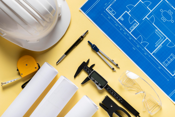 blue print and architect's tools